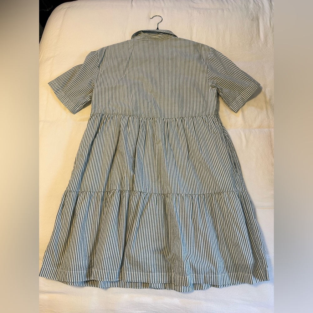 GAP Short Sleeved Button Tiered Mini Olive Green Striped Shirt Dress Size Small - Picture 4 of 10